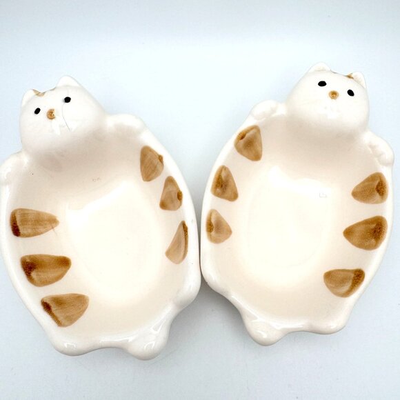 Kotobuki Ceramic Cat Trinket Dish Set of 2 Handcrafted Japan Beige Brown NOS